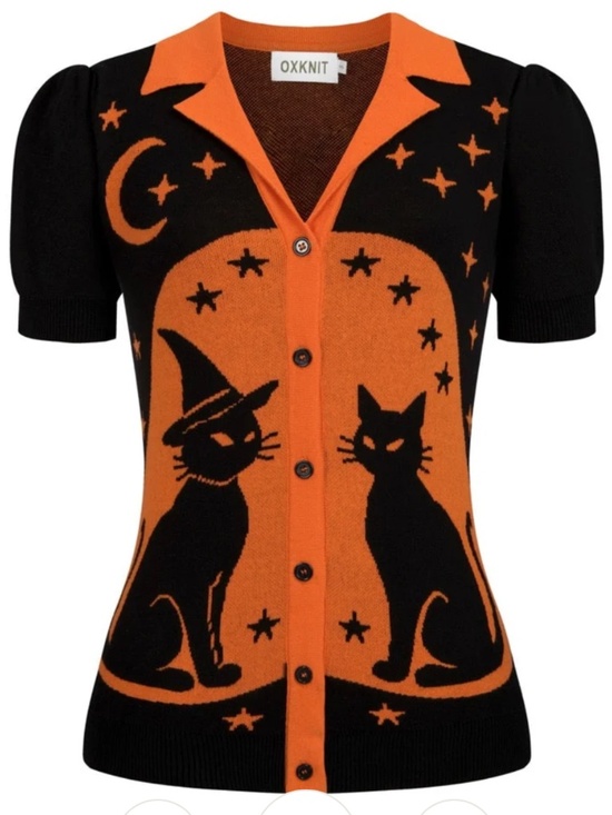 OXKNIT Sweaters - 🖤🧡 Vintage Witchy Black & Orange Cat Cardigan –XL
